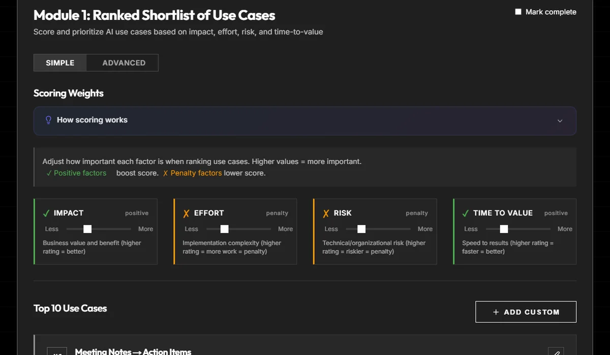 The AI ROI Toolkit's scoring weights and ranked use cases